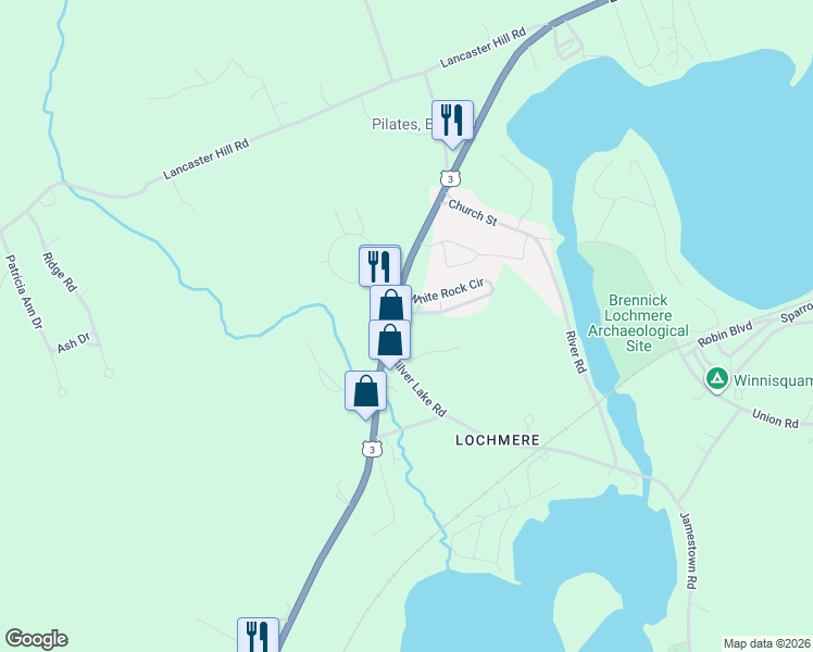 map of restaurants, bars, coffee shops, grocery stores, and more near 491 Laconia Road in Tilton