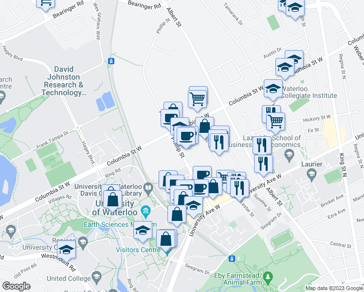 map of restaurants, bars, coffee shops, grocery stores, and more near 330 Phillip Street in Waterloo