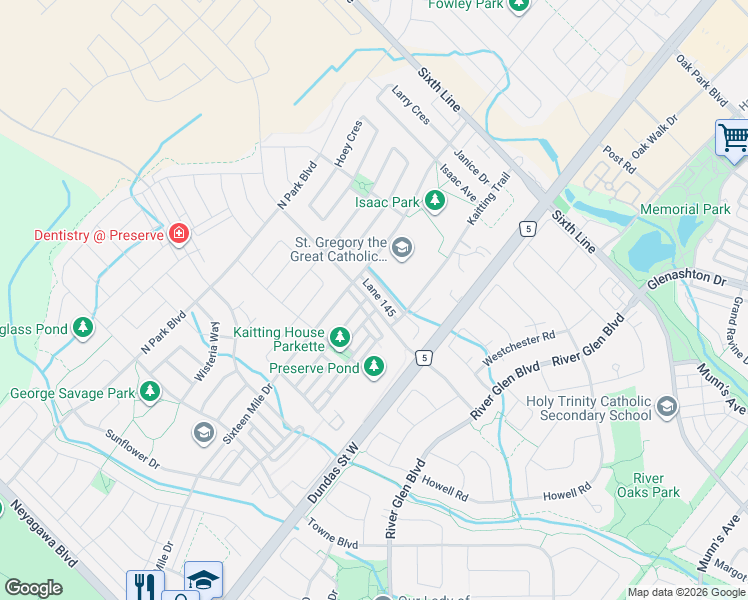 map of restaurants, bars, coffee shops, grocery stores, and more near 3077 Preserve Drive in Oakville