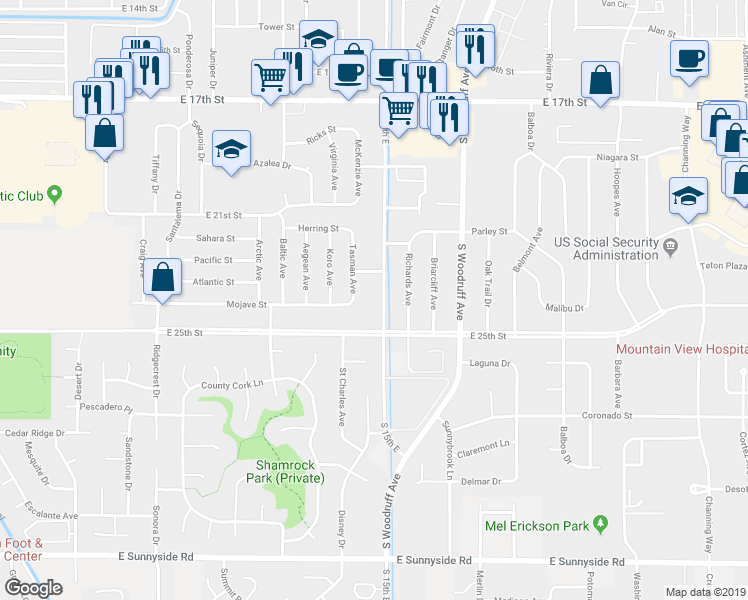 map of restaurants, bars, coffee shops, grocery stores, and more near 2408 Saint Clair Road in Idaho Falls