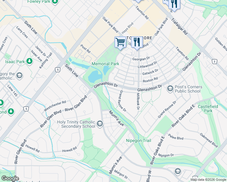 map of restaurants, bars, coffee shops, grocery stores, and more near 2350 Grand Ravine Drive in Oakville