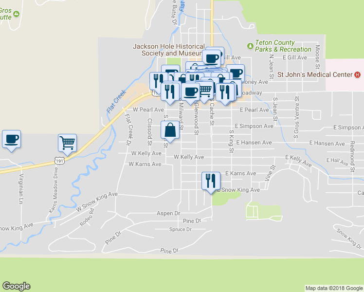 map of restaurants, bars, coffee shops, grocery stores, and more near 150 West Hansen Avenue in Jackson