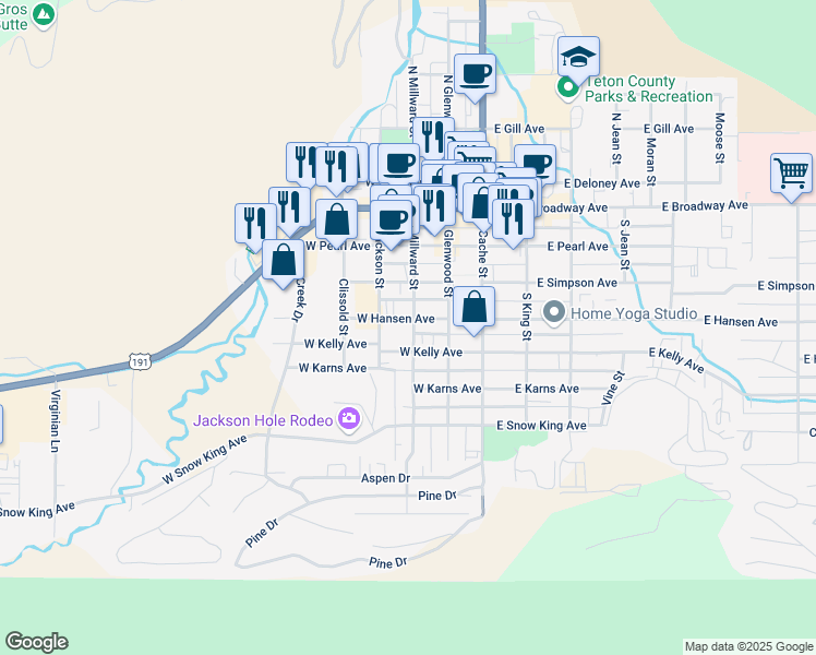 map of restaurants, bars, coffee shops, grocery stores, and more near 360 South Jackson Street in Jackson