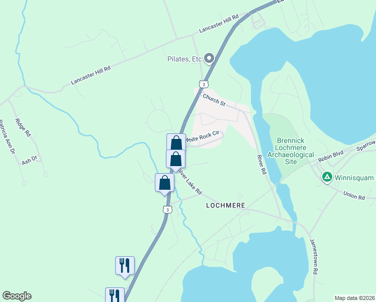 map of restaurants, bars, coffee shops, grocery stores, and more near 491 Laconia Road in Tilton