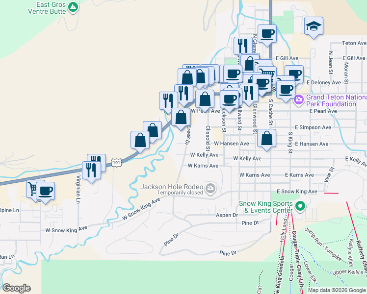 map of restaurants, bars, coffee shops, grocery stores, and more near 501-599 West Kelly Avenue in Jackson