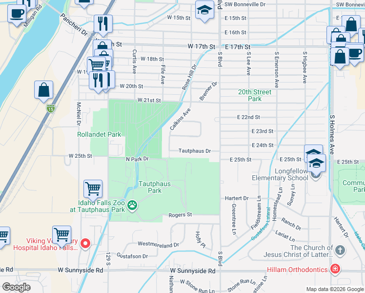 map of restaurants, bars, coffee shops, grocery stores, and more near 220 Tautphaus Drive in Idaho Falls