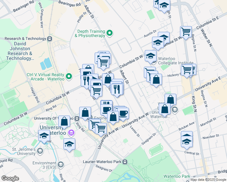 map of restaurants, bars, coffee shops, grocery stores, and more near 295B Lester Street in Waterloo