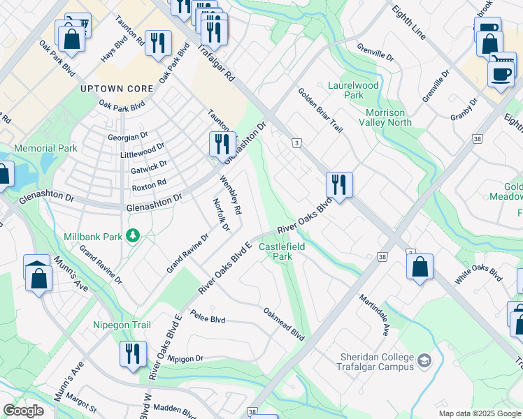 map of restaurants, bars, coffee shops, grocery stores, and more near 2169 Meadowland Drive in Oakville