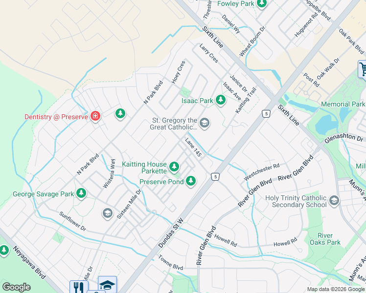 map of restaurants, bars, coffee shops, grocery stores, and more near 3092 Preserve Drive in Oakville