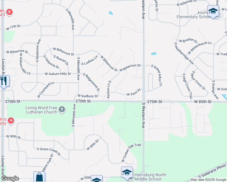 map of restaurants, bars, coffee shops, grocery stores, and more near 7513 South Tivoli Place in Sioux Falls