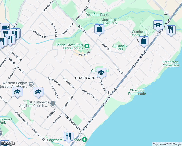 map of restaurants, bars, coffee shops, grocery stores, and more near 2194 Elmhurst Avenue in Oakville