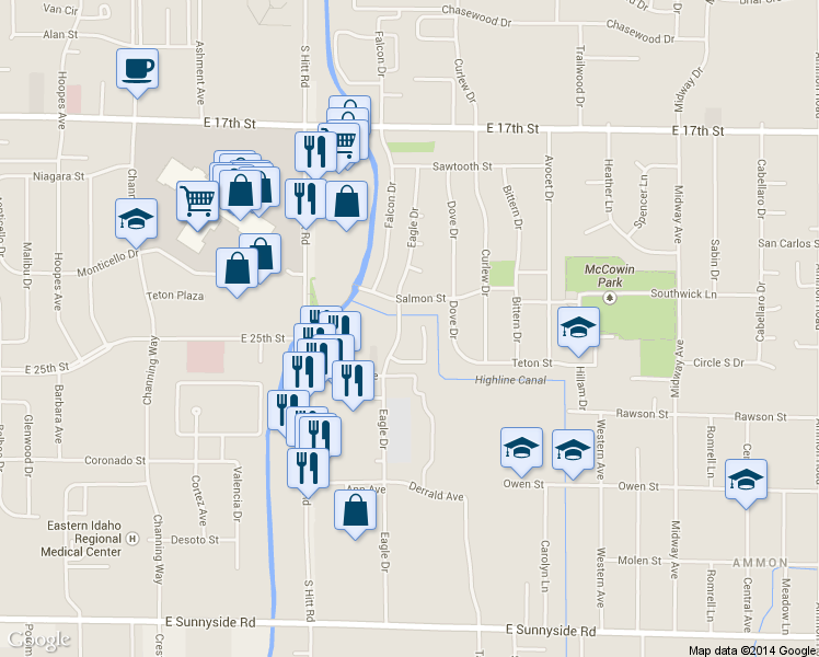 map of restaurants, bars, coffee shops, grocery stores, and more near 2351 Eagle Drive in Ammon