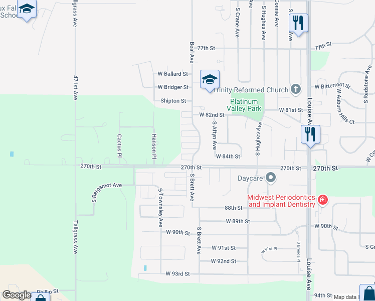 map of restaurants, bars, coffee shops, grocery stores, and more near 7624 Beal Avenue in Sioux Falls