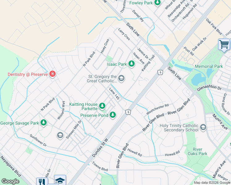 map of restaurants, bars, coffee shops, grocery stores, and more near 3070 Eberly Woods Drive in Oakville