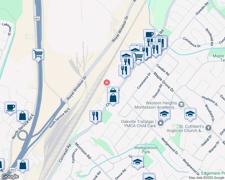 map of restaurants, bars, coffee shops, grocery stores, and more near in Oakville