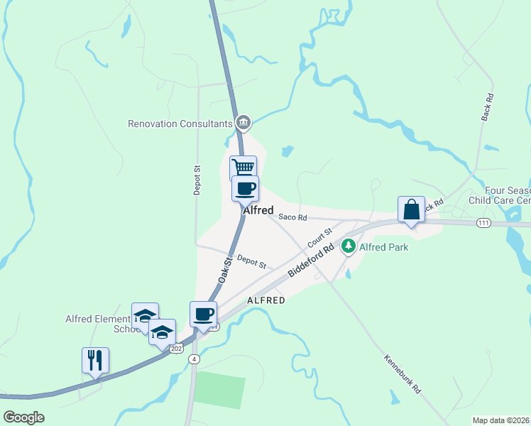 map of restaurants, bars, coffee shops, grocery stores, and more near in Alfred