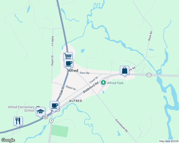 map of restaurants, bars, coffee shops, grocery stores, and more near 39 Saco Road in Alfred