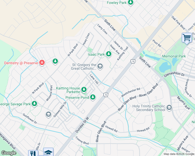 map of restaurants, bars, coffee shops, grocery stores, and more near 3045 Eberly Woods Drive in Oakville