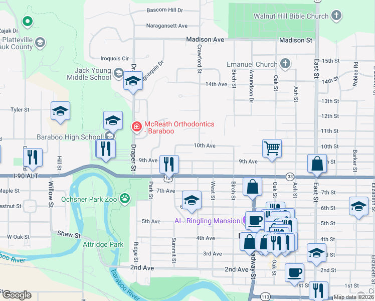 map of restaurants, bars, coffee shops, grocery stores, and more near 500 9th Avenue in Baraboo