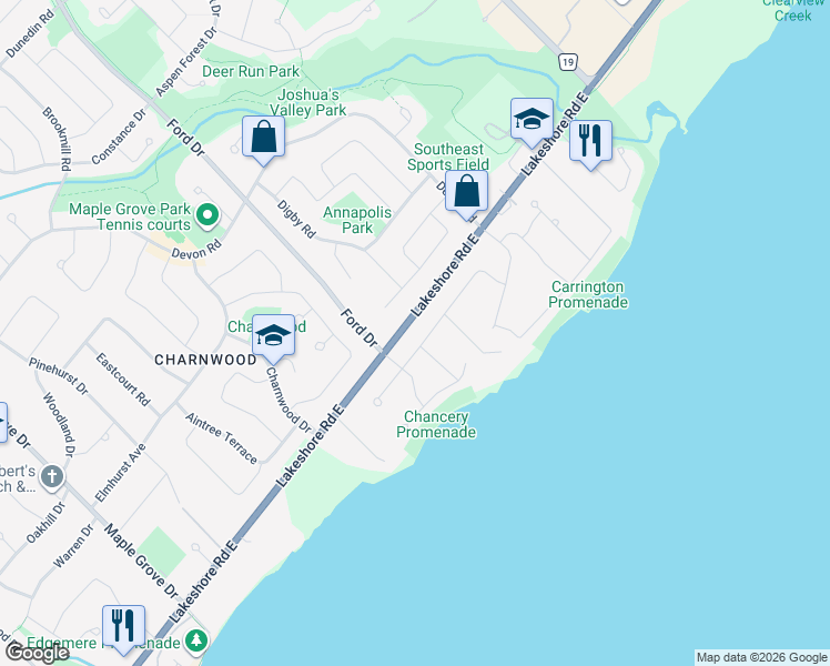 map of restaurants, bars, coffee shops, grocery stores, and more near 2301 Bennington Gate in Oakville