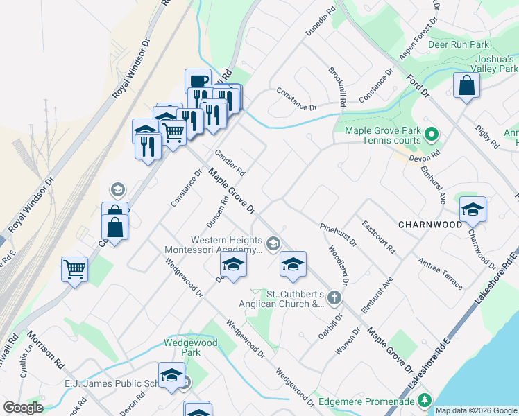 map of restaurants, bars, coffee shops, grocery stores, and more near 393 Maple Grove Drive in Oakville