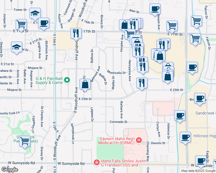 map of restaurants, bars, coffee shops, grocery stores, and more near 2344 Malibu Drive in Idaho Falls