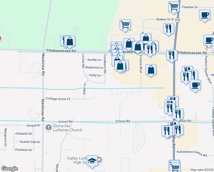 map of restaurants, bars, coffee shops, grocery stores, and more near 4746 Coralberry Road in Saginaw