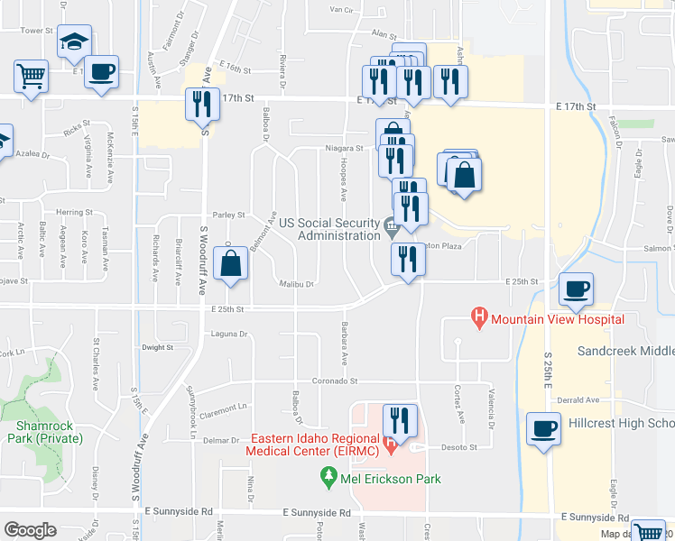 map of restaurants, bars, coffee shops, grocery stores, and more near 2324 Hoopes Avenue in Idaho Falls