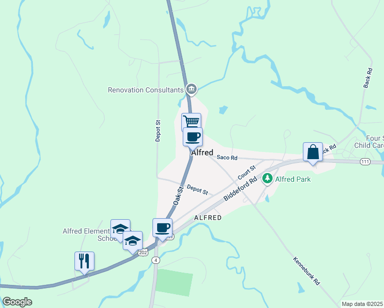 map of restaurants, bars, coffee shops, grocery stores, and more near 17 Oak Street in Alfred