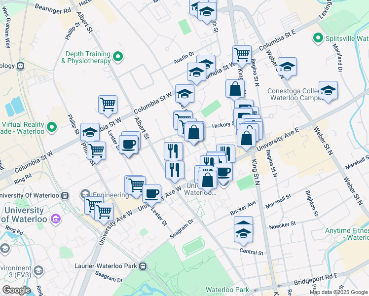 map of restaurants, bars, coffee shops, grocery stores, and more near in Waterloo