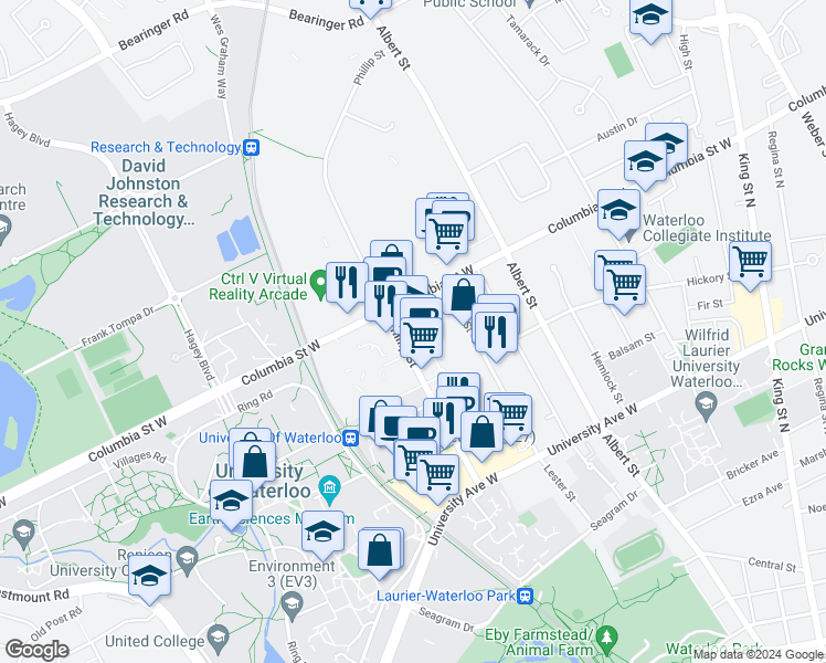 map of restaurants, bars, coffee shops, grocery stores, and more near in Waterloo