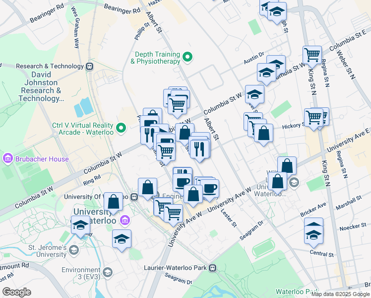 map of restaurants, bars, coffee shops, grocery stores, and more near 321 Lester Street in Waterloo