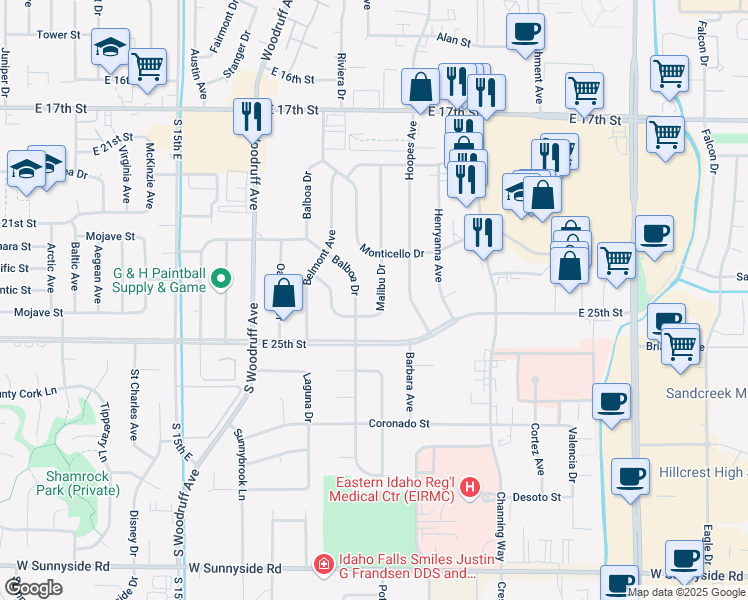 map of restaurants, bars, coffee shops, grocery stores, and more near 2344 Malibu Drive in Idaho Falls