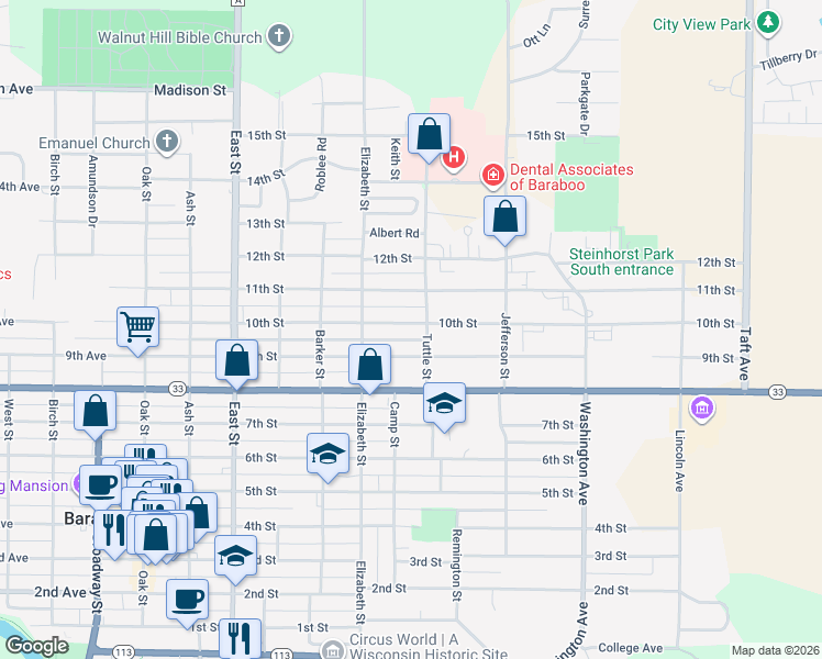 map of restaurants, bars, coffee shops, grocery stores, and more near 715 9th Street in Baraboo