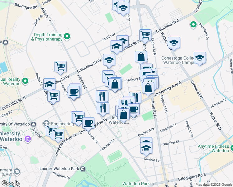 map of restaurants, bars, coffee shops, grocery stores, and more near 62 Balsam Street in Waterloo