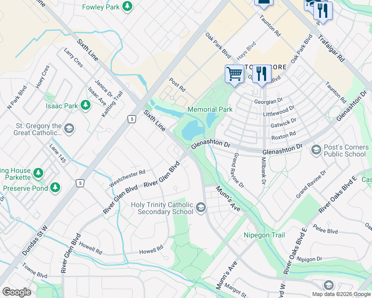 map of restaurants, bars, coffee shops, grocery stores, and more near Sixth Line in Oakville