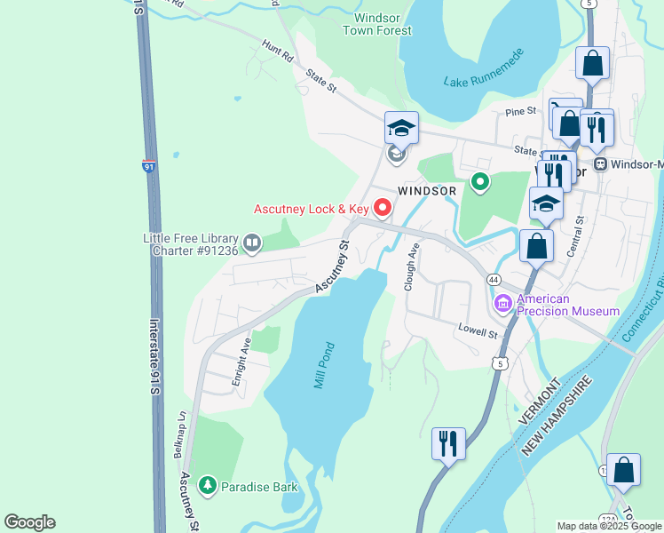 map of restaurants, bars, coffee shops, grocery stores, and more near 68 Ascutney Street in Windsor