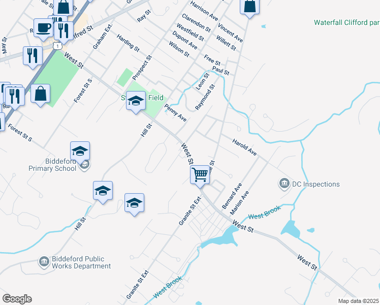 map of restaurants, bars, coffee shops, grocery stores, and more near 77 West Street in Biddeford