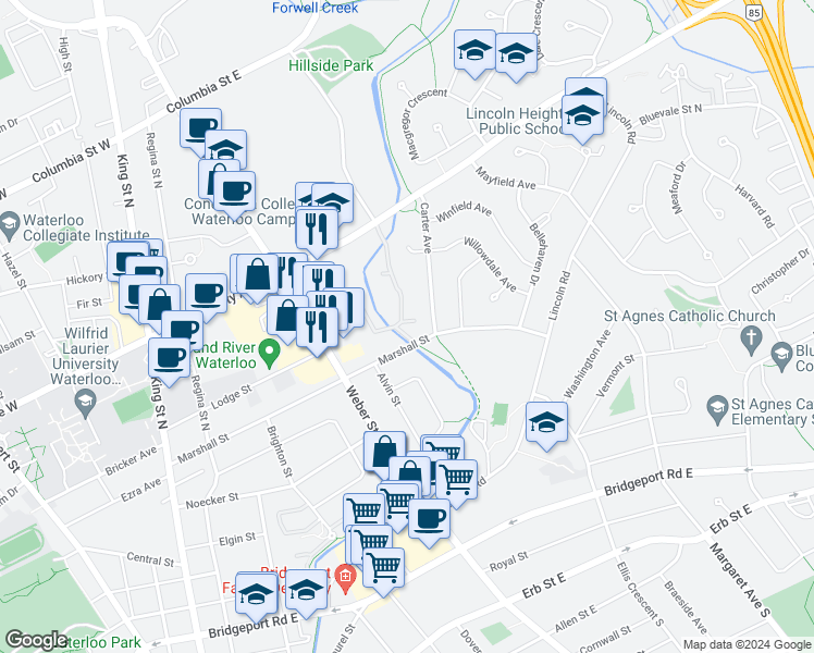 map of restaurants, bars, coffee shops, grocery stores, and more near 132 Marshall Street in Waterloo
