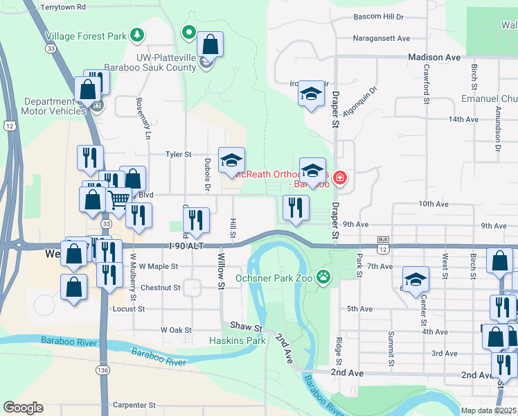 map of restaurants, bars, coffee shops, grocery stores, and more near 624 Hill Street in Baraboo