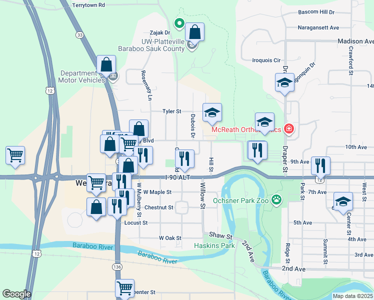 map of restaurants, bars, coffee shops, grocery stores, and more near 203 Campus View Drive in Baraboo