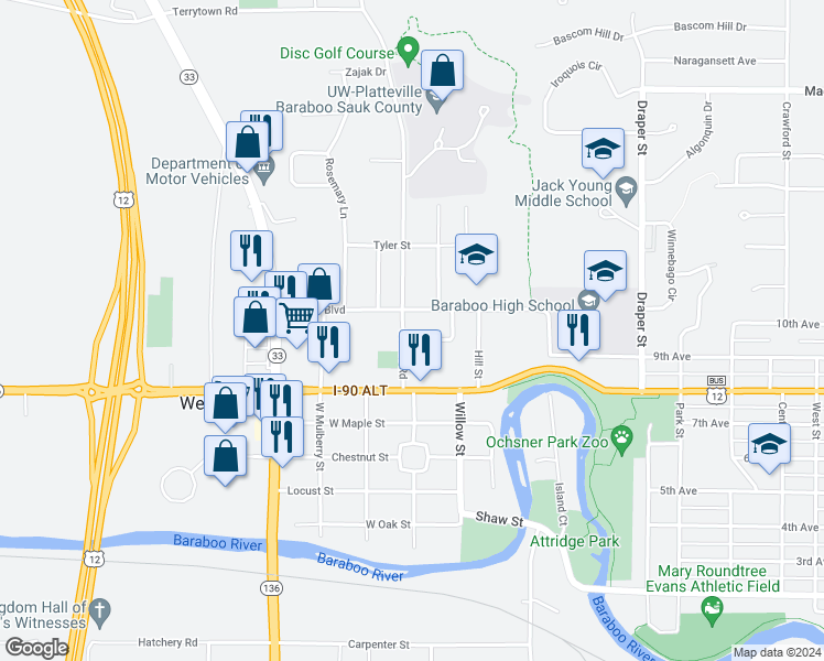 map of restaurants, bars, coffee shops, grocery stores, and more near 203 Campus View Drive in Baraboo