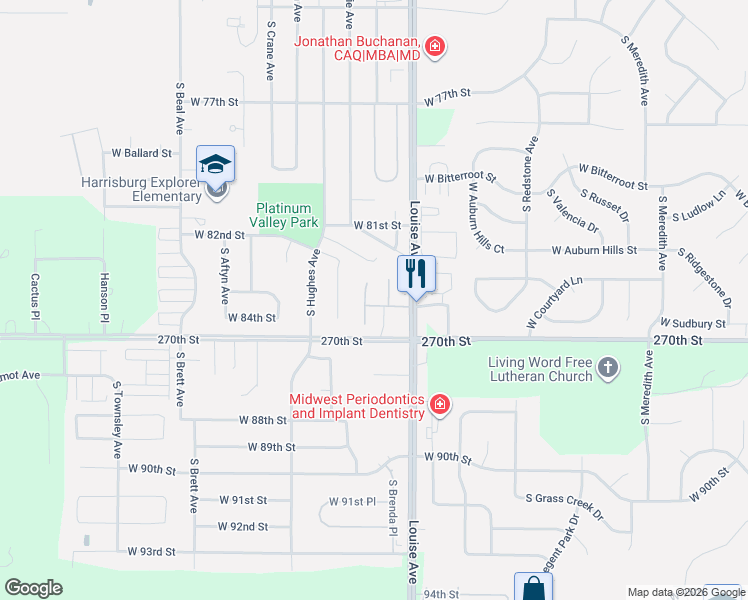 map of restaurants, bars, coffee shops, grocery stores, and more near 7609 South Peregrine Place in Sioux Falls
