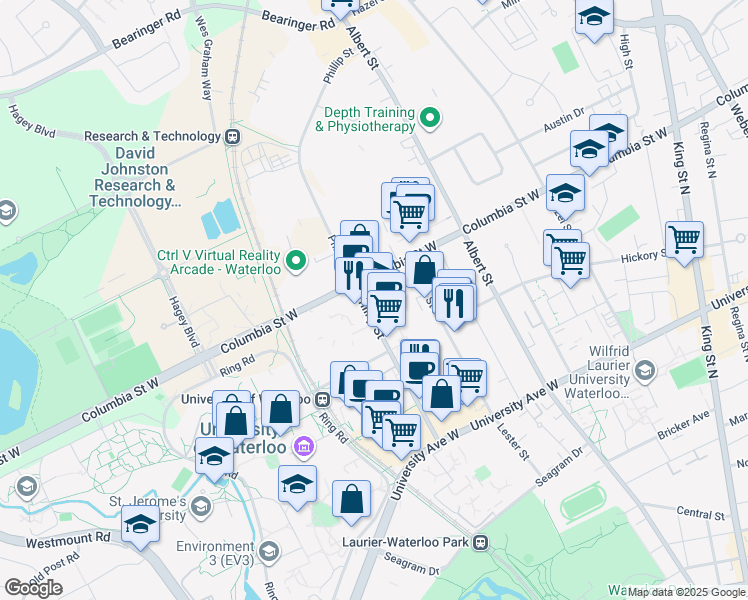 map of restaurants, bars, coffee shops, grocery stores, and more near 330 Phillip Street in Waterloo