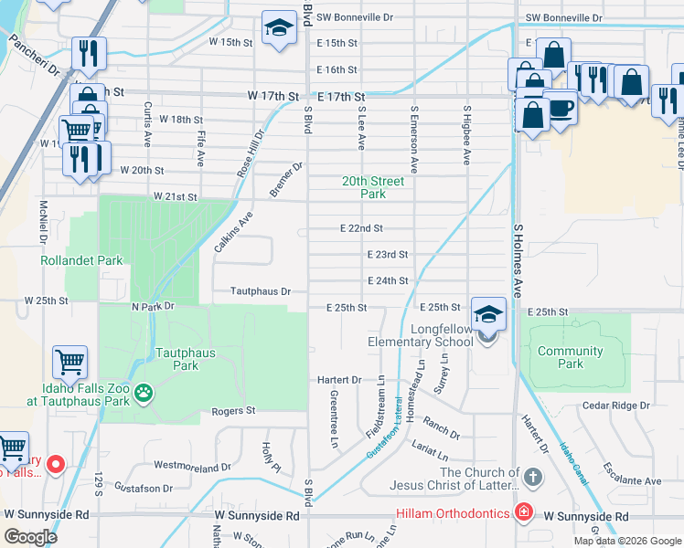 map of restaurants, bars, coffee shops, grocery stores, and more near 160 East 24th Street in Idaho Falls