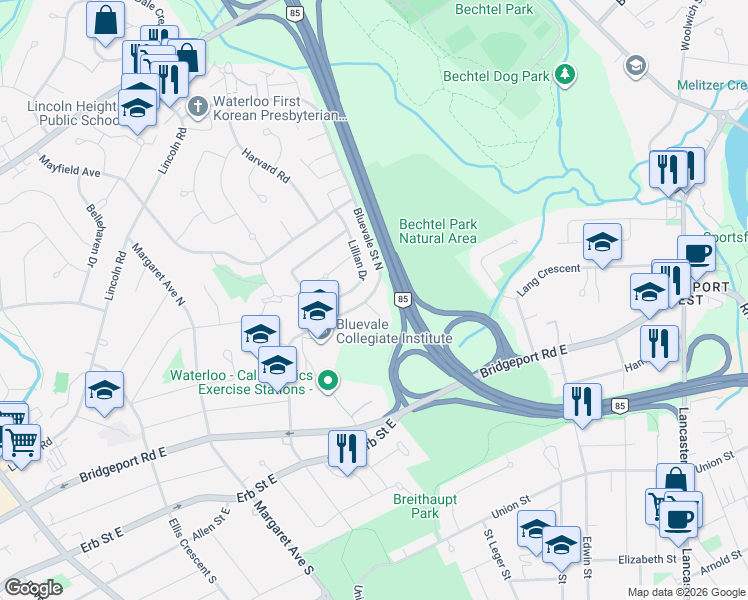 map of restaurants, bars, coffee shops, grocery stores, and more near 20 Bluevale Street North in Waterloo
