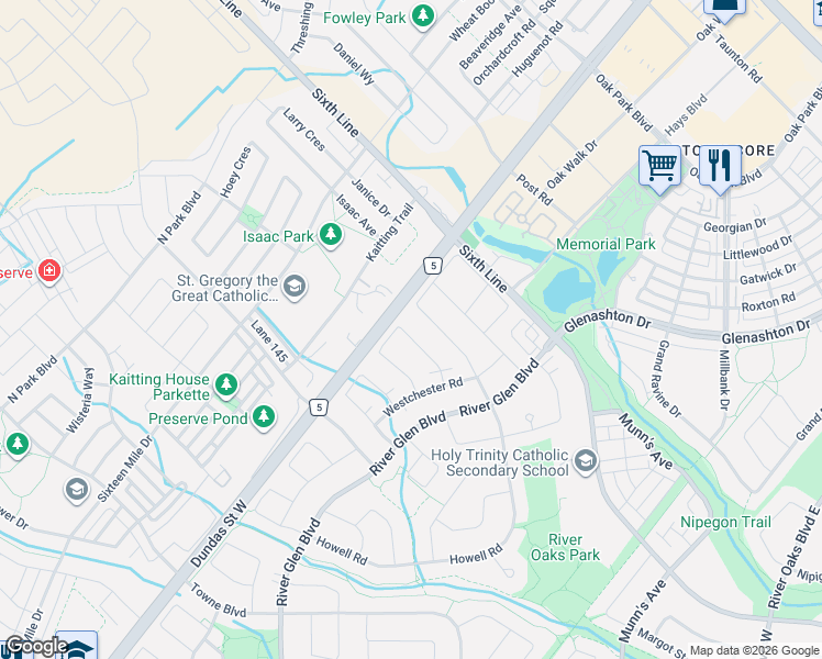 map of restaurants, bars, coffee shops, grocery stores, and more near 2656 Devonsley Crescent in Oakville