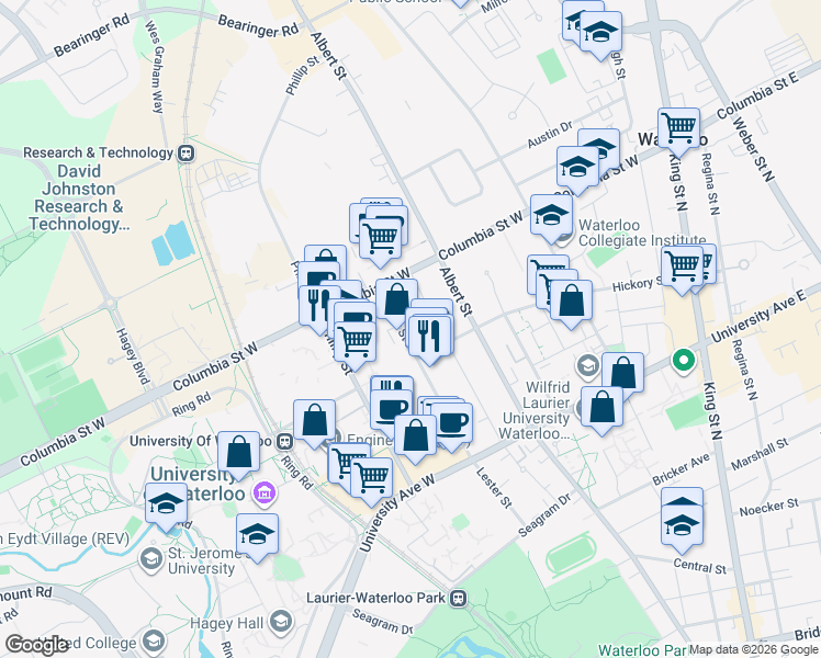 map of restaurants, bars, coffee shops, grocery stores, and more near 295B Lester Street in Waterloo