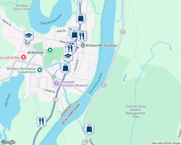map of restaurants, bars, coffee shops, grocery stores, and more near 35 National Street in Windsor