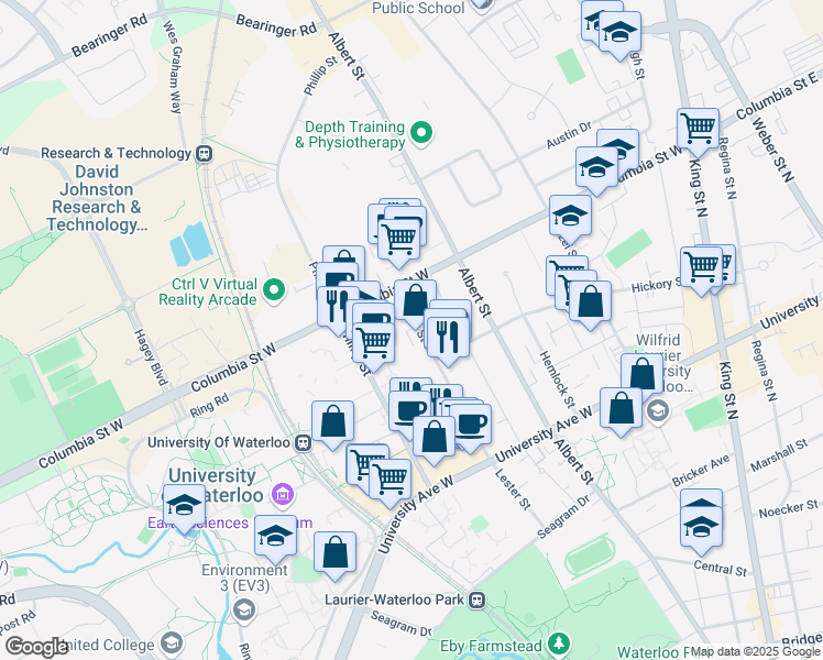map of restaurants, bars, coffee shops, grocery stores, and more near 295B Lester Street in Waterloo